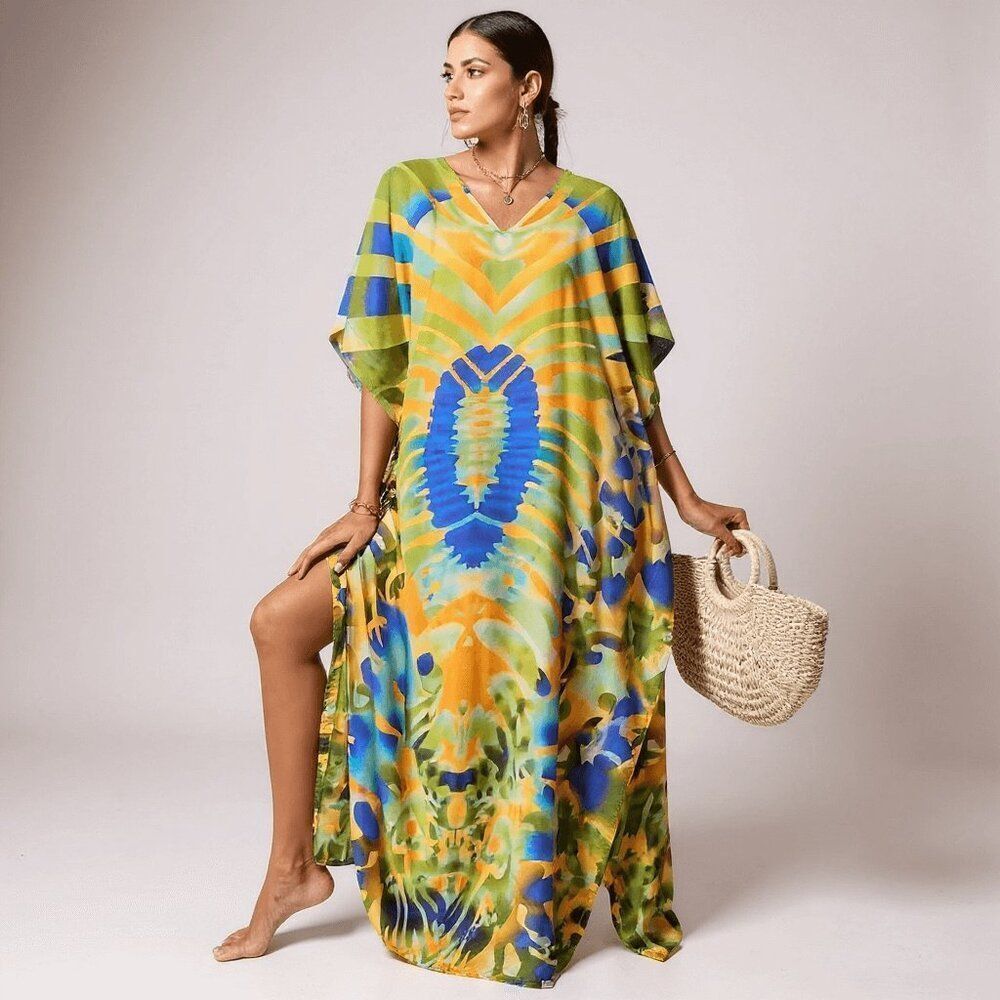 Tribal Print Long Kaftan Dress Beach Cover Up NEW